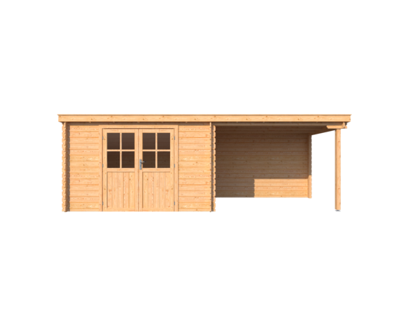 Blokhut met overkapping lessenaar dak 350 x 250 + 300cm
