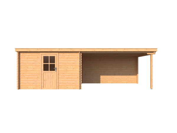 Blokhut met overkapping lessenaar dak 350 x 250 + 400cm