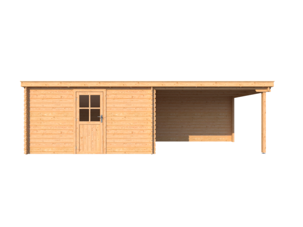 Blokhut met overkapping lessenaar dak 400 x 300 + 350cm