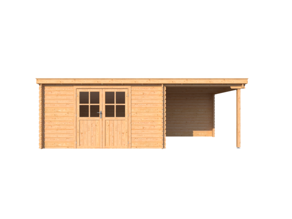 Blokhut met overkapping lessenaar dak 400 x 300 + 250cm