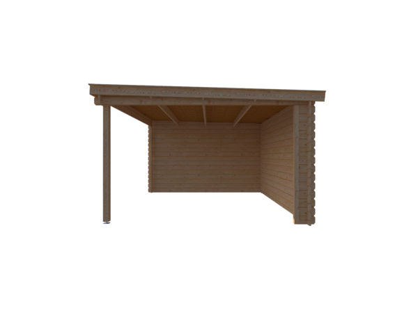 Blokhut met overkapping lessenaar dak 300 x 350 +400cm