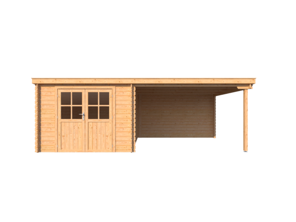 Blokhut met overkapping lessenaar dak 300 x 350 +350cm