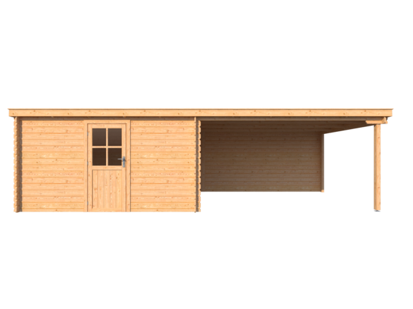 Blokhut met overkapping lessenaar dak 400 x 350 +400cm