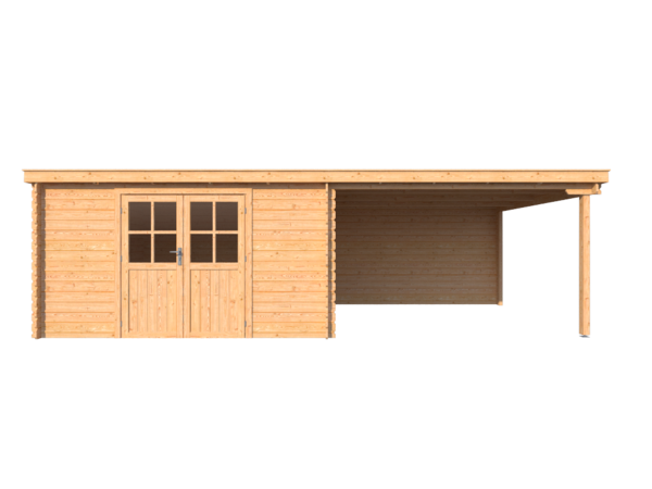 Blokhut met overkapping lessenaar dak 400 x 350 +350cm
