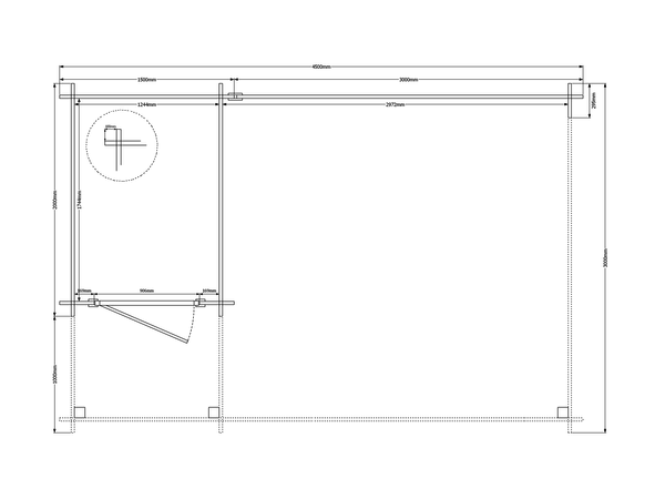 Blokhut met overkapping plat dak 150 x 200 + 100 / 300 x 300cm