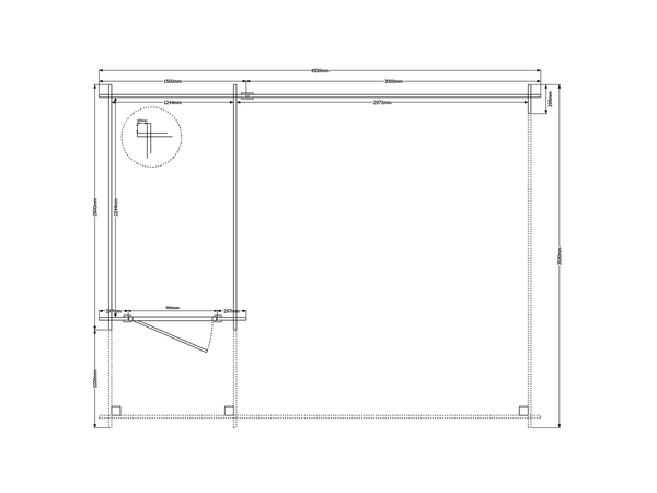 Blokhut met overkapping plat dak 150 x 250 + 100 / 300 x 350cm