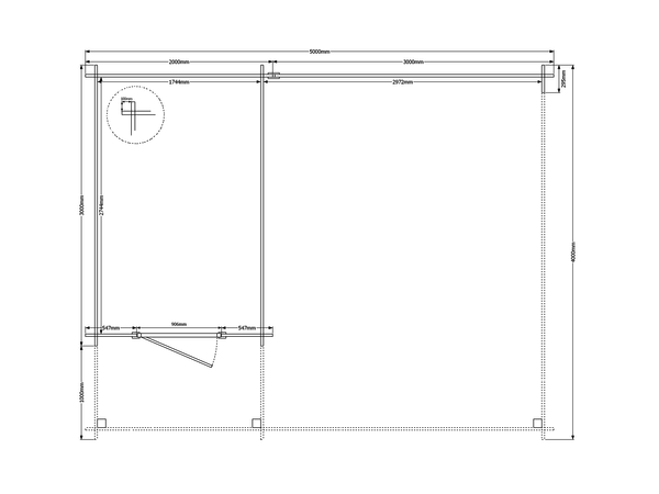 Blokhut met overkapping plat dak 200 x 300 + 100 / 300 x 400cm