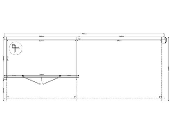 Blokhut met overkapping plat dak 350 x 200 + 100 / 400 x 300cm