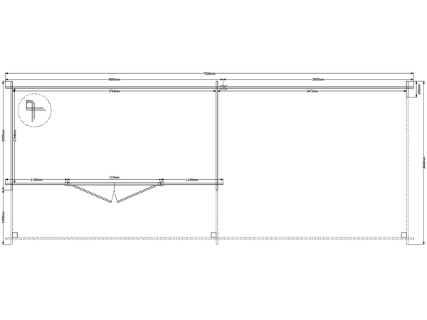 Blokhut met overkapping plat dak 400 x 200 + 100 / 350 x 300cm