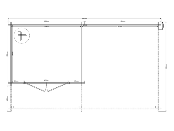 Blokhut met overkapping plat dak 300 x 250 + 100 / 300 x 350cm