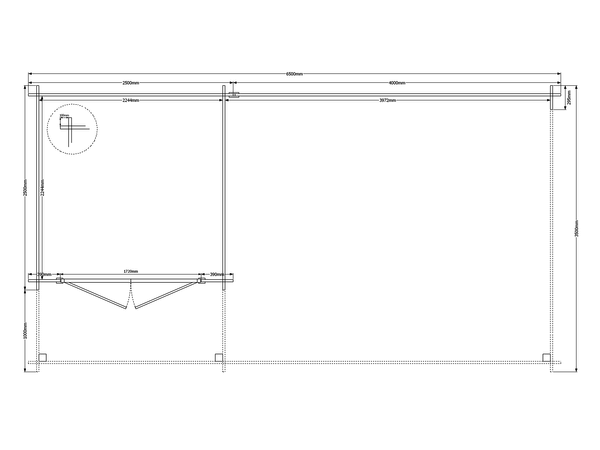 Blokhut met overkapping plat dak 250 x 250 + 100 / 400 x 350cm