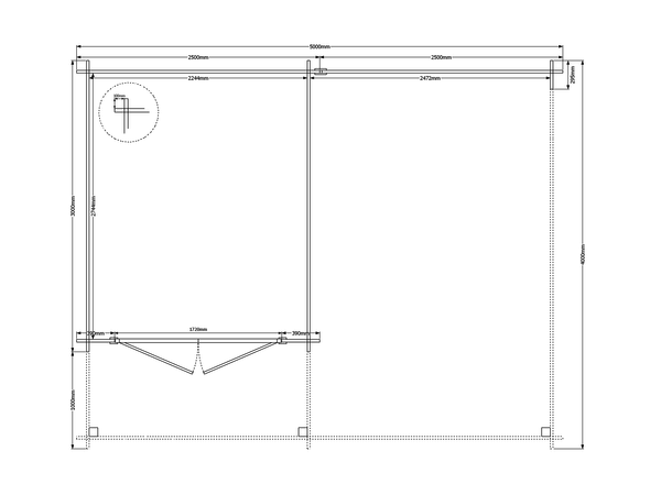 Blokhut met overkapping plat dak 250 x 300 + 100 / 250 x 400cm