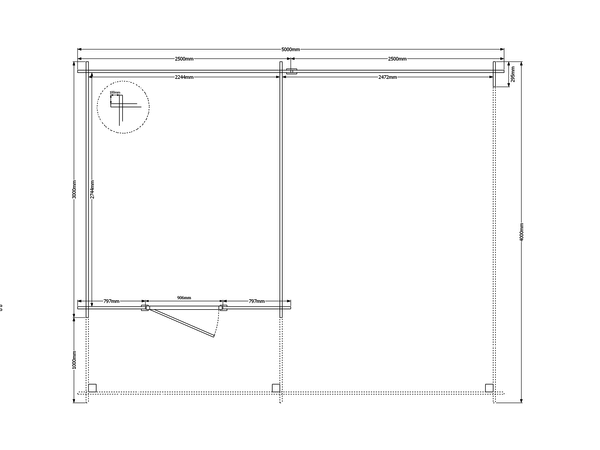 Blokhut met overkapping plat dak 250 x 300 + 100 / 250 x 400cm