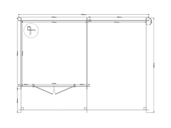 Blokhut met overkapping plat dak 300 x 300 + 100 / 250 x 400cm