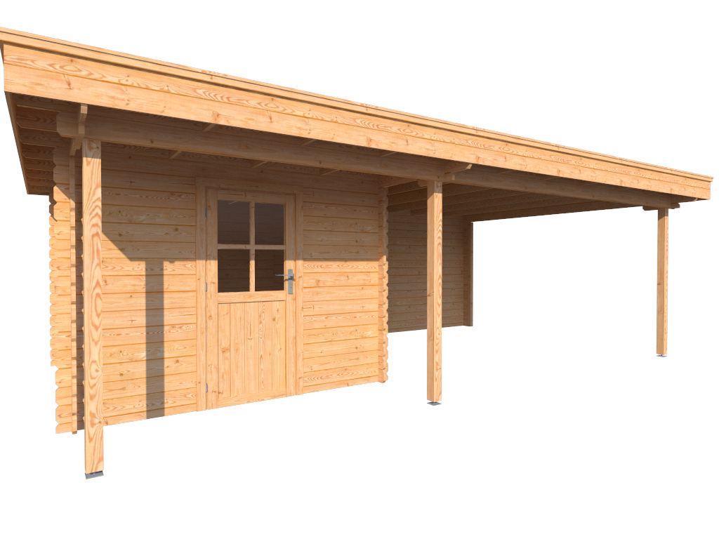 Verklaring schuur Spaans Blokhut met overkapping plat dak 300 x 300+400 x 400cm | Enkele deur -  Blokhuttenoutlet.nl