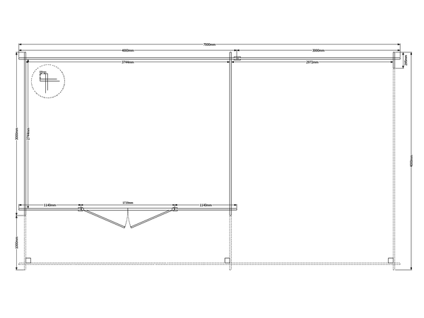 Blokhut met overkapping plat dak 400 x 300 + 100 / 300 x 400cm