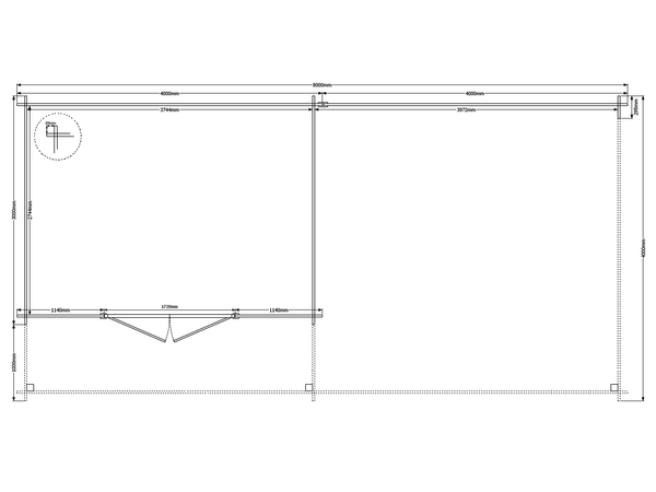 Blokhut met overkapping plat dak 400 x 300 + 100 / 400 x 400cm