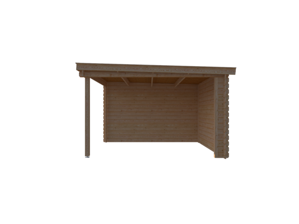 Blokhut met overkapping lessenaar dak 400 x 350 + 250cm