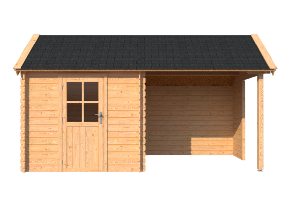 Blokhut met overkapping Kapschuur dak 250 x 250 + 250cm