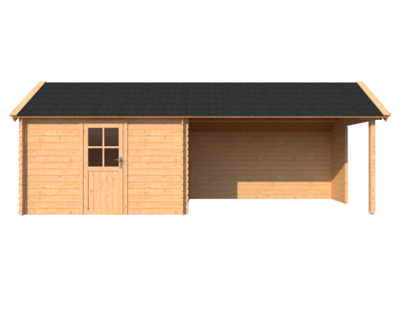 DWF Blokhut met overkapping Kapschuur dak 350 x 250 + 400cm
