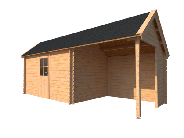 Blokhut met overkapping Kapschuur dak 400x 250 + 250cm Blokhut met overkapping Kapschuur dak 400x 250 + 250cm