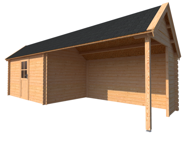 Blokhut met overkapping Kapschuur dak 400x 250 + 400cm