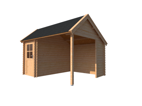 Blokhut met overkapping Kapschuur dak 150x 300 + 250cm Blokhut met overkapping Kapschuur dak 150x 300 + 250cm