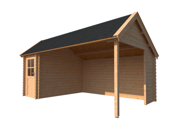 Blokhut met overkapping Kapschuur dak 150x 300 + 400cm Blokhut met overkapping Kapschuur dak 150x 300 + 400cm