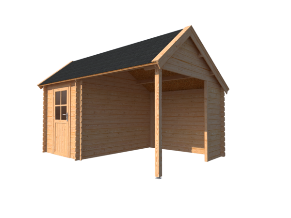 Blokhut met overkapping Kapschuur dak 200x 300 + 250cm Blokhut met overkapping Kapschuur dak 200x 300 + 250cm