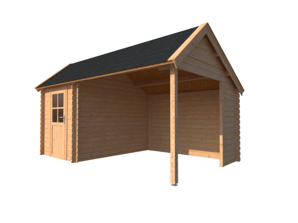 Blokhut met overkapping Kapschuur dak 200x 300 + 300cm Blokhut met overkapping Kapschuur dak 200x 300 + 300cm