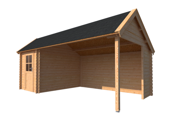 Blokhut met overkapping Kapschuur dak 200x 300 + 400cm Blokhut met overkapping Kapschuur dak 200x 300 + 400cm