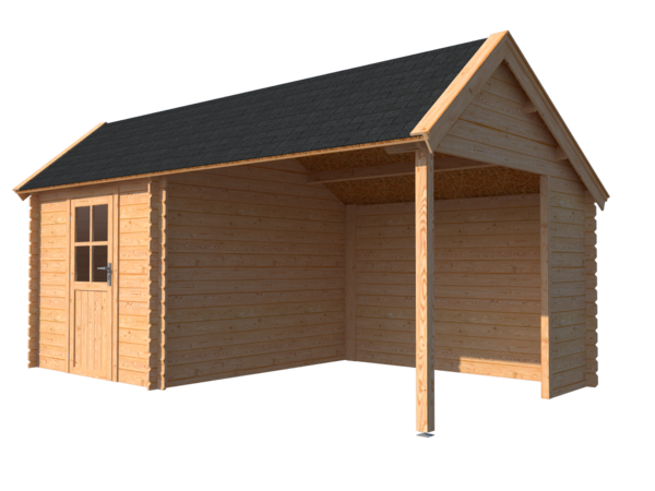 Blokhut met overkapping Kapschuur dak 250x 300 + 300cm Blokhut met overkapping Kapschuur dak 250x 300 + 300cm