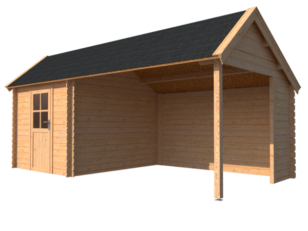 Blokhut met overkapping Kapschuur dak 250x 300 + 350cm