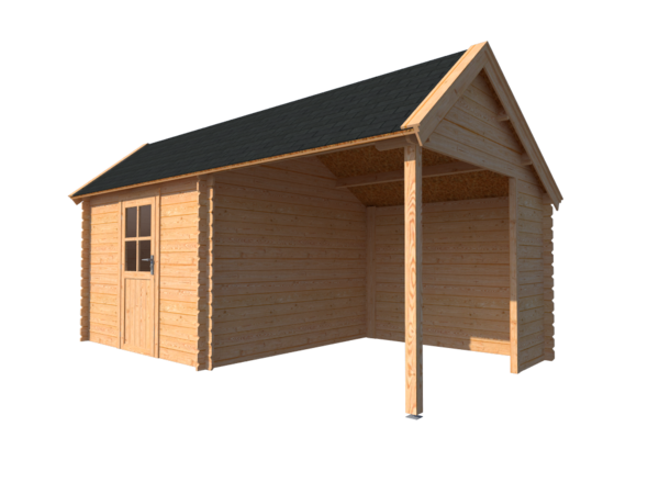 Blokhut met overkapping Kapschuur dak 300x 300 + 250cm Blokhut met overkapping Kapschuur dak 300x 300 + 250cm