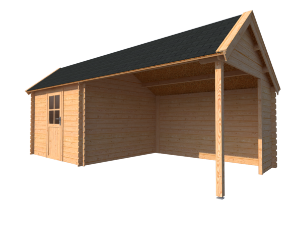 Blokhut met overkapping Kapschuur dak 300x 300 + 350cm Blokhut met overkapping Kapschuur dak 300x 300 + 350cm