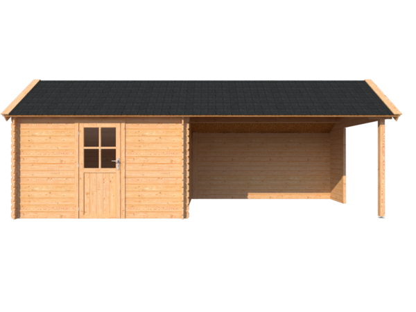DWF Blokhut met overkapping Kapschuur dak 350 x 300 + 400cm
