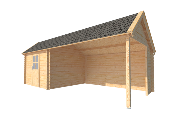 Blokhut met overkapping Kapschuur dak 300x 300 + 400cm Blokhut met overkapping Kapschuur dak 300x 300 + 400cm