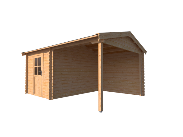 Blokhut met overkapping zadeldak 250 x 350 + 250cm Blokhut met overkapping zadeldak 250 x 350 + 250cm
