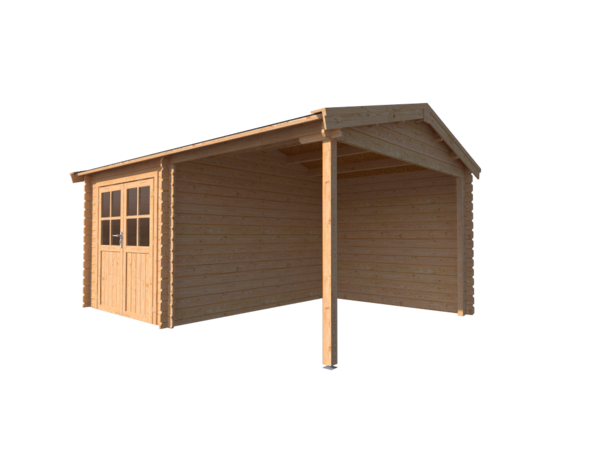 Blokhut met overkapping zadeldak 250 x 350 + 250cm Blokhut met overkapping zadeldak 250 x 350 + 250cm