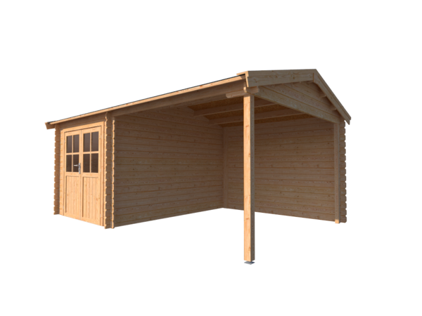 Blokhut met overkapping zadeldak 250 x 350 + 300cm Blokhut met overkapping zadeldak 250 x 350 + 300cm