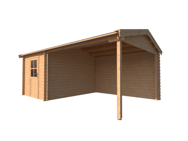 Blokhut met overkapping zadeldak 250 x 350 + 350cm Blokhut met overkapping zadeldak 250 x 350 + 350cm