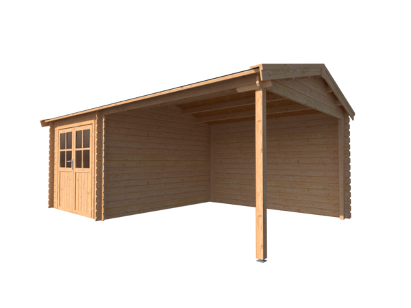 Blokhut met overkapping zadeldak 250 x 350 + 350cm Blokhut met overkapping zadeldak 250 x 350 + 350cm