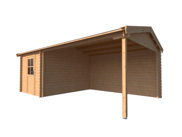 Blokhut met overkapping zadeldak 250 x 350 + 400cm Blokhut met overkapping zadeldak 250 x 350 + 400cm