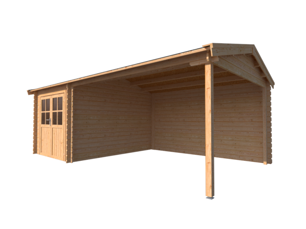 Blokhut met overkapping zadeldak 250 x 350 + 400cm Blokhut met overkapping zadeldak 250 x 350 + 400cm