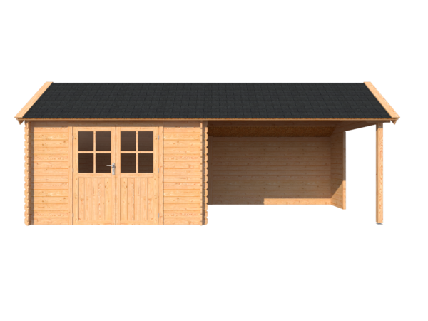 Blokhut met overkapping Kapschuur dak 350 x 300 + 350cm