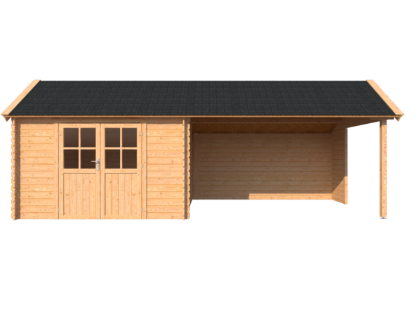 Blokhut met overkapping Kapschuur dak 350 x 300 + 400cm