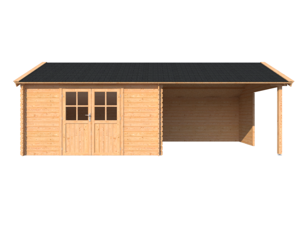 DWF Blokhut met overkapping Kapschuur dak 400 x 350 + 350cm