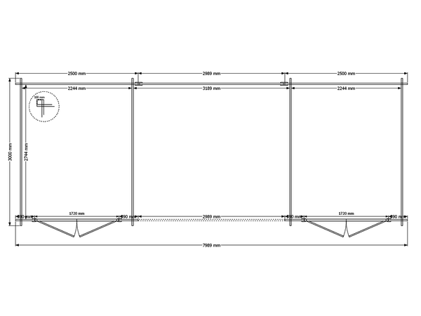 Blokhut met overkapping lessenaar dak 250 x 300 + 300 + 250 x 300cm