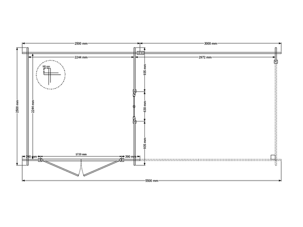 Blokhut met overkapping plat dak 250 x 250 + 300cm met raam