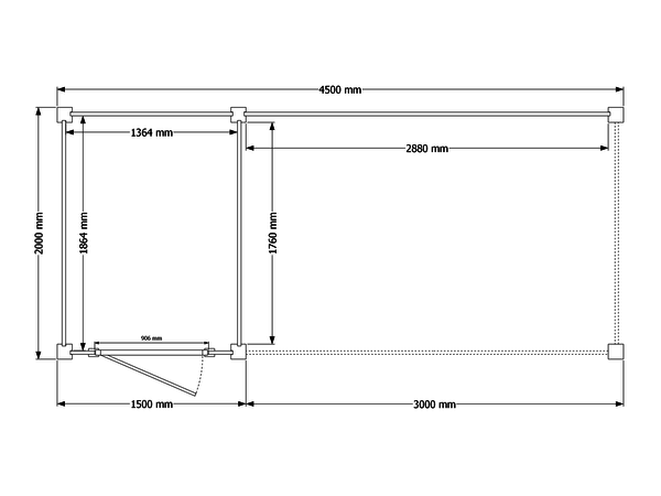 Blokhut met overkapping plat dak 150 x 200 + 300cm met palen